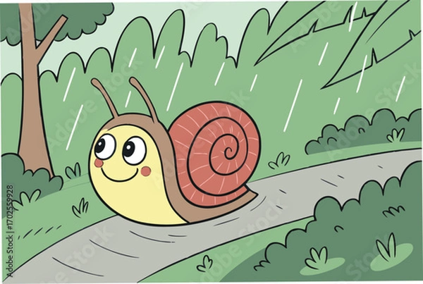 Fototapeta Illustration of a snail on a path during a rainy day, surrounded by greenery, showcasing a whimsical and colorful scene