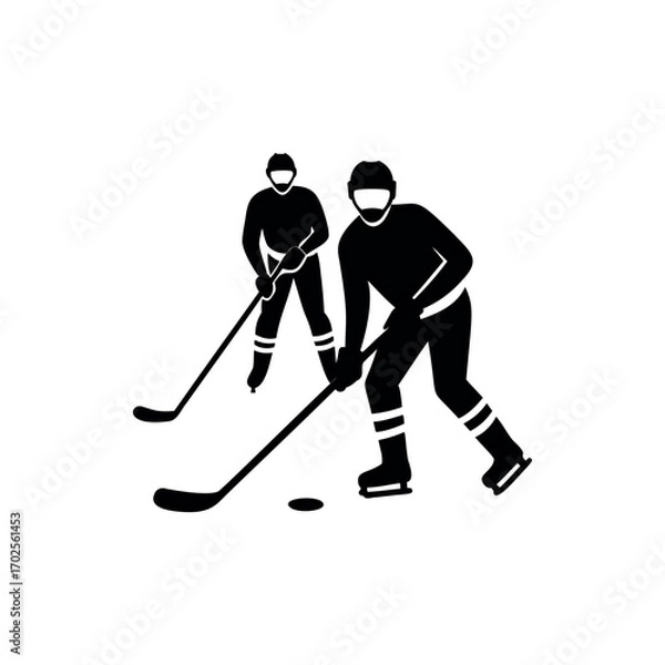 Fototapeta Two ice hockey players in action skating and ready to strike puck silhouette vector
