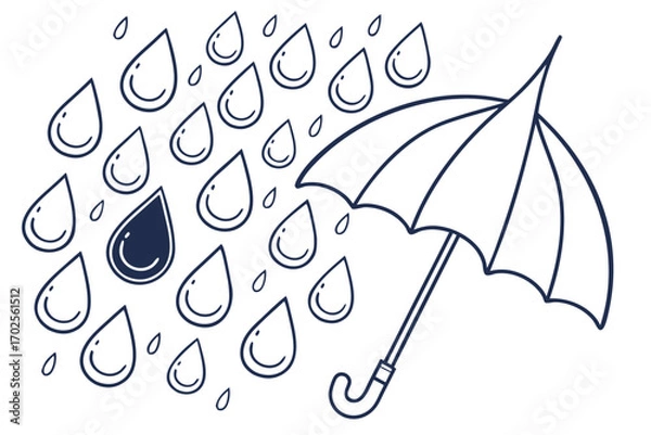 Fototapeta Illustration of an umbrella surrounded by raindrops, with one raindrop colored in, depicting a rainy day scene