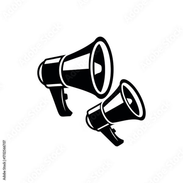 Fototapeta Two black and white megaphone illustrations signifying communication and announcement needs silhouette vector