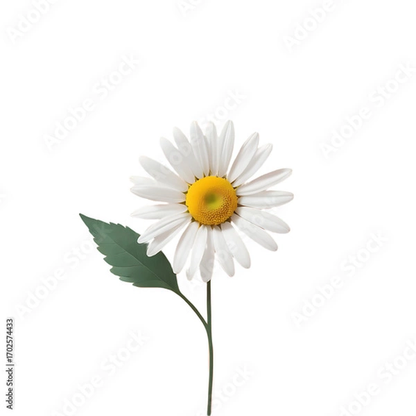 Fototapeta A single white daisy flower with a yellow center and green leaf isolated on a stark black background