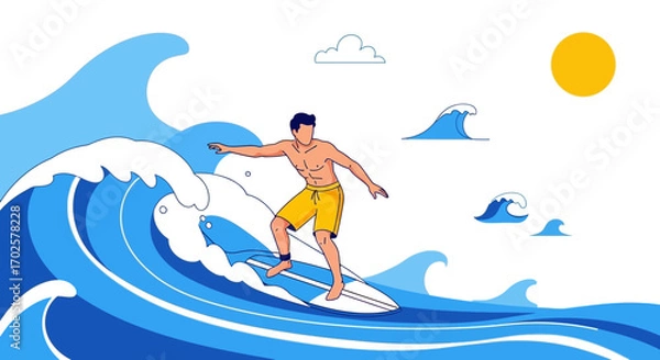 Fototapeta Surfer Rides Magnificent Waves On Ocean With Bright Sun And Beautiful Cloudscape