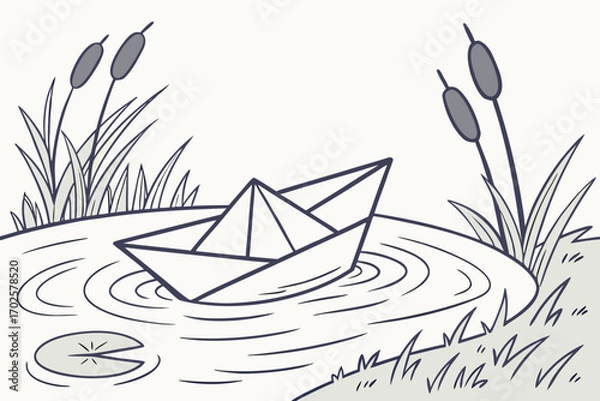Fototapeta Vector art of a black and white drawing of a paper boat floating on a calm pond surrounded by reeds and a lily pad, creating a peaceful and minimalist scene