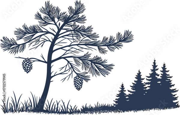 Fototapeta Vector art of silhouette of a pine tree with cones and a small forest, creating a serene and natural scene with a touch of wilderness