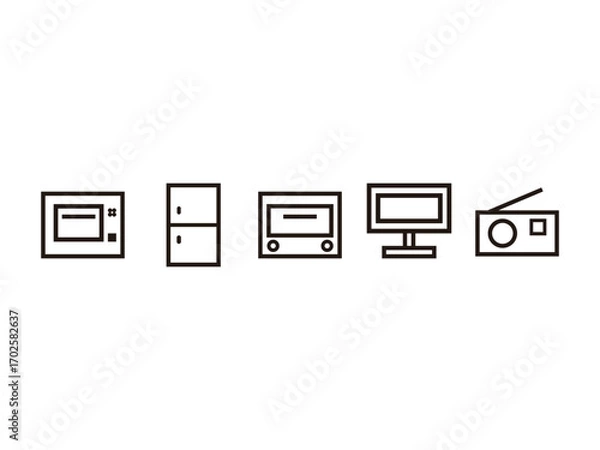 Obraz 冷蔵庫、電子レンジ、トースター、テレビ、ラジオの線画アイコンのセット
