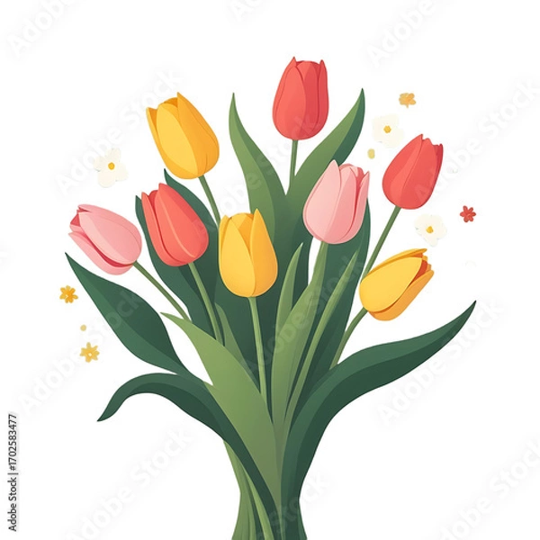 Fototapeta Vibrant bouquet of colorful tulips in various shades of pink yellow and red against a deep black background