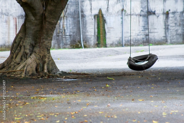 Fototapeta A black tire swing hangs from an old tree in Xian Guang Military Kindred Village Cultural Park, Taoyuan City, Taiwan, blending nature with nostalgic play.
