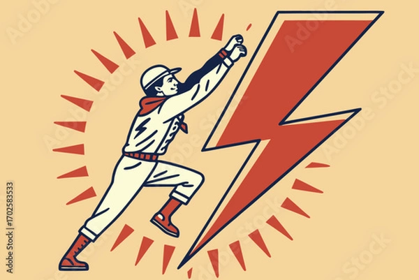 Fototapeta Vector art of a determined worker in uniform climbs a large red lightning bolt against a sunburst background, symbolizing energy, progress, and the pursuit of ambitious goals