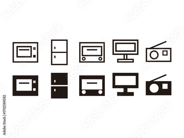 Obraz 冷蔵庫、電子レンジ、トースター、テレビ、ラジオのアイコンのセット