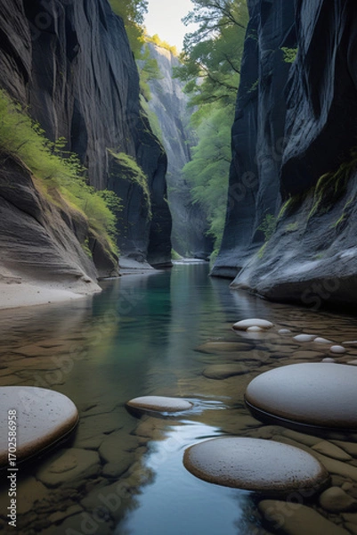 Fototapeta Peaceful Canyon Landscape with Calm River, Smooth Rounded Rocks and Moss Covered Cliffs, Soft Diffused Light in Untouched Nature Scene