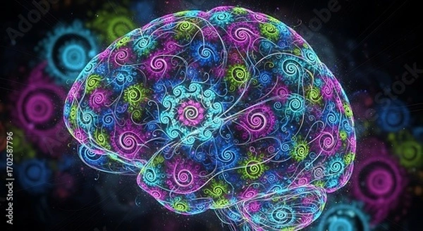 Fototapeta A vibrant, colorful brain illustration, filled with swirling patterns and floral elements