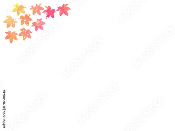 Fototapeta モミジの紅葉イメージの背景素材。水彩風テクスチャー。葉っぱのシルエット。かわいい色調。光の粒子や水滴の輝き。コーナータイプ。左上。