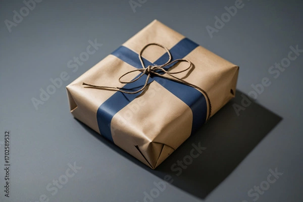 Fototapeta Modern Still Life of Rectangular Present in Kraft Paper with Navy Blue Ribbon Style Stripe and Rustic Twine Bow, Soft Lighting Photography