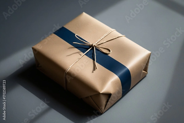 Fototapeta Modern Still Life of Rectangular Present in Kraft Paper with Navy Blue Ribbon Style Stripe and Rustic Twine Bow, Soft Lighting Photography