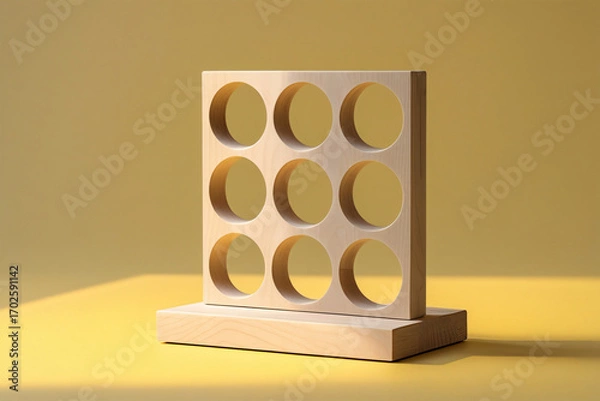 Fototapeta Minimalist Wooden Object with Square Base and Circular Holes on Bright Yellow Background, Geometric Modern Still Life Photography