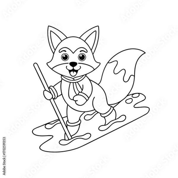 Obraz Cheerful Fox Skiing Over Coloring Page