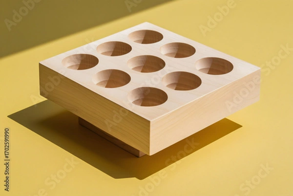 Fototapeta Light Wooden Block with Eight Circular Cutouts in 3x3 Grid, Smooth Matte Finish and Simple Geometric Design on Vibrant Yellow Backdrop