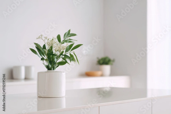 Obraz minimalist still life featuring clean white background complemented by green plants and ar blurred white text bars