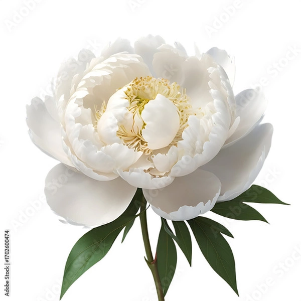 Fototapeta A single delicate white peony flower with lush green leaves isolated on a stark black background