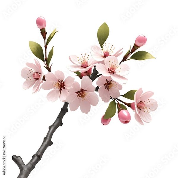 Fototapeta Delicate pink cherry blossoms on a dark background with subtle green leaves and buds