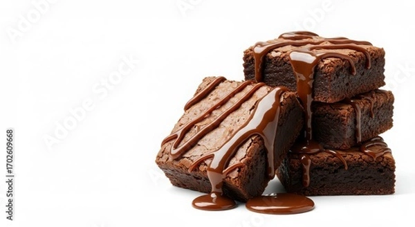 Obraz Stack of brownies topped with drizzled chocolate on a white plate against a neutral background