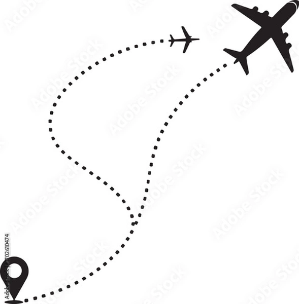 Fototapeta Airplanes flying on dotted lines representing travel routes with a location pin Keywords: airplane, flight, travel, journey, route, dotted line, path, transportation, aviation, trip, destination