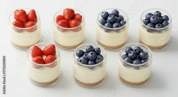 Fototapeta Assorted of mini cheesecakes in jars with fruit topping on a clean surface for dessert presentation