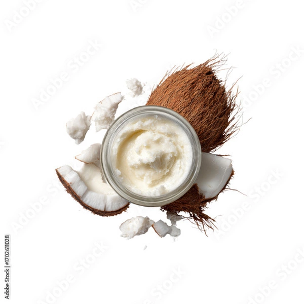 Obraz Organic Coconut Butter in Glass Jar with Fresh Coconut Pieces