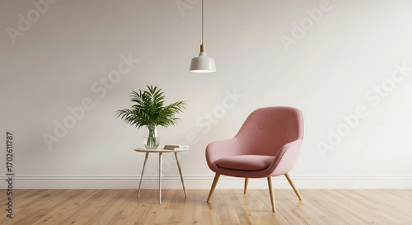 Obraz Chic living room interior featuring a pink armchair, a small side table with a plant, and a modern pendant light against a white wall, creating a bright and stylish space in a contemporary home