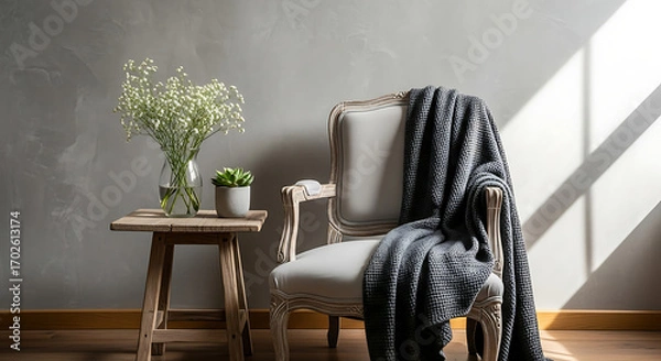 Obraz Elegant vintage armchair with a cozy blanket, complemented by a rustic wooden side table adorned with delicate flowers, set against a textured gray wall, creating a serene and stylish interior scene