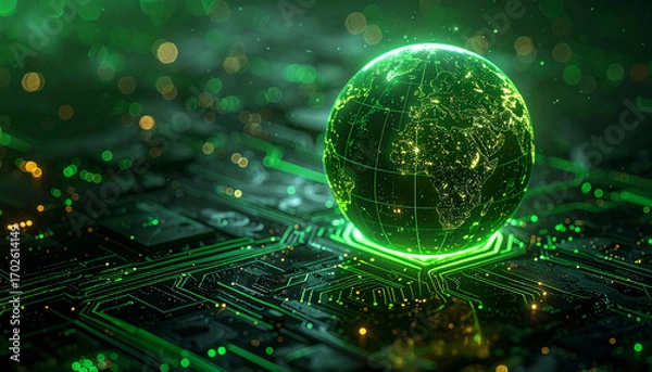 Fototapeta Digital Earth Globe: A luminous green globe, intricately etched with the continents, floats above a detailed circuit board.