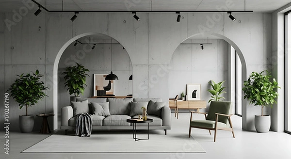 Obraz Modern living room interior with concrete walls, gray sofa, armchair, plants, and arched doorways, creating a minimalist and stylish space for relaxation and comfort in a contemporary home design