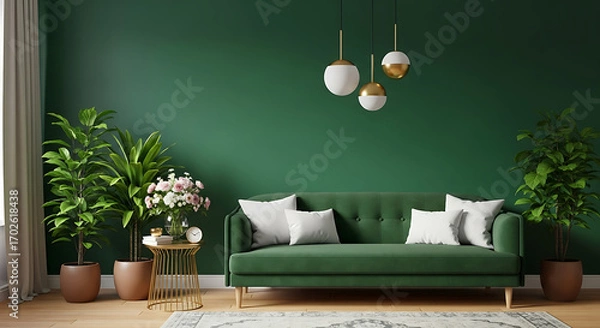 Obraz Elegant green living room with a comfortable sofa, decorative pillows, stylish lighting, and lush plants, creating a harmonious and inviting atmosphere for relaxation and socializing