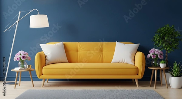 Obraz Bright and cozy living room interior with a yellow sofa, white pillows, a floor lamp, and plants against a dark blue wall, creating a modern and inviting space for relaxation and comfort