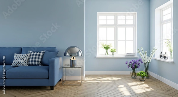 Obraz A bright and airy living room with blue walls, a comfortable blue sofa with decorative pillows, and a modern lamp on a side table, creating a cozy and inviting atmosphere with natural light streaming 