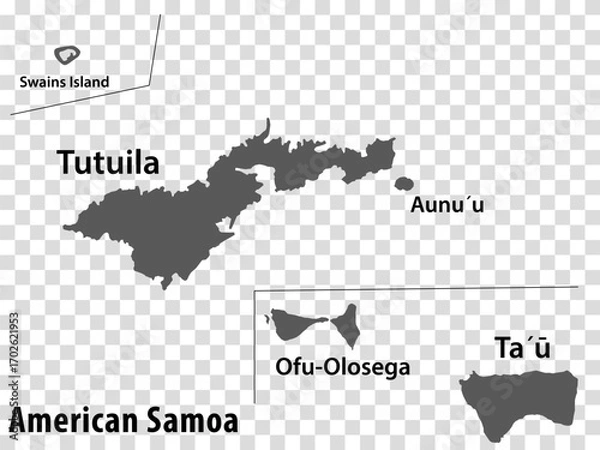 Fototapeta Blank map American Samoa in gray. Every Island map is with titles. High quality map of  American Samoa on transparent background for your  design.     Oceania . EPS10.