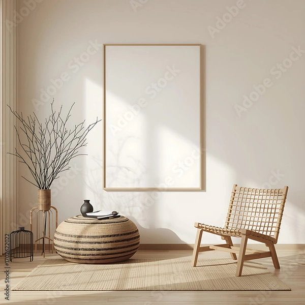 Fototapeta The interior design features Japandi style furniture and raw materials, with a mocuk-up poster frame and a 3D illustration.