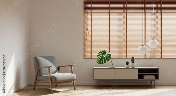 Obraz Minimalist living room interior design with wooden armchair, cabinet, monstera plant, and window with blinds creating a cozy and inviting atmosphere for relaxation and contemplation in a bright space