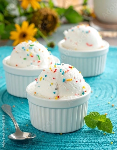 Obraz Three scoops of vanilla ice cream with sprinkles on a teal placemat