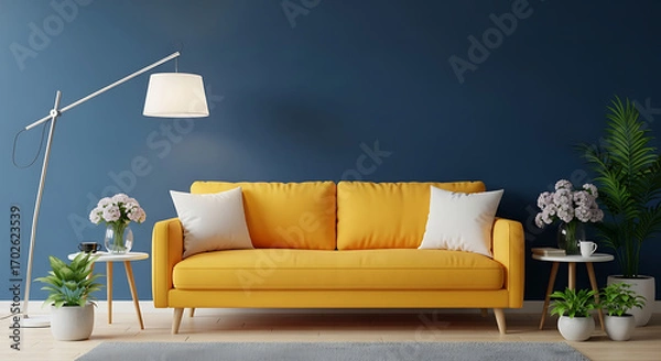 Obraz Vibrant living room interior featuring a yellow sofa, white pillows, stylish floor lamp, and lush plants against a dark blue wall, creating a modern and inviting atmosphere