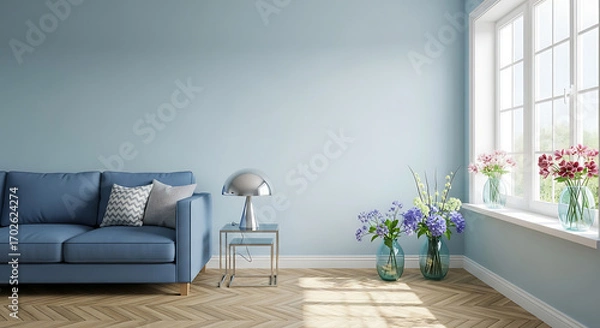 Obraz Bright and airy living room with a blue sofa, a side table with a lamp, and flowers in vases by the window, creating a cozy and inviting atmosphere with natural light and a calming color palette