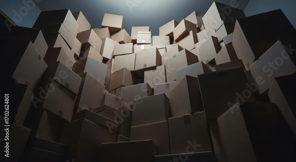Obraz stacked cardboard boxes filling a room, low angle view