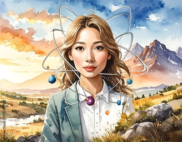 Obraz Woman with atomic structure backdrop