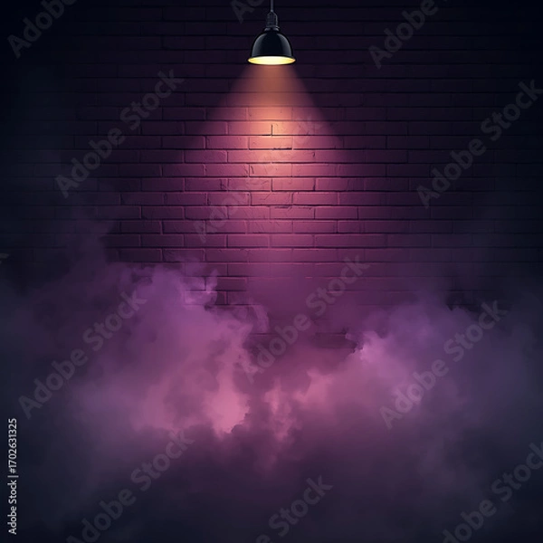 Fototapeta The item is a dramatic purple brick wall studio backdrop with a spotlight and fog, perfect for product or portrait photography.