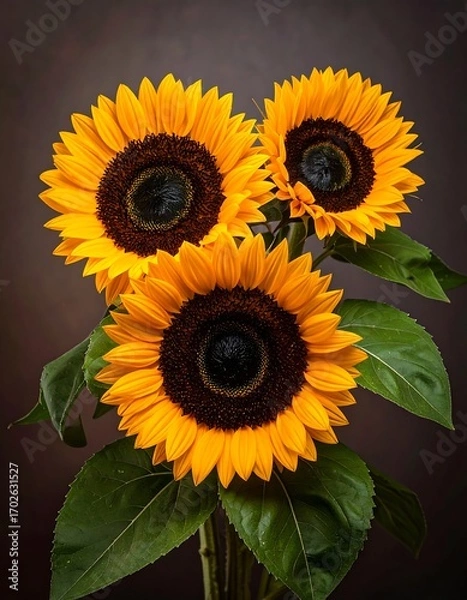Obraz Three sunflowers in a bouquet, vibrant yellow and dark brown centers, against a muted brown backdrop