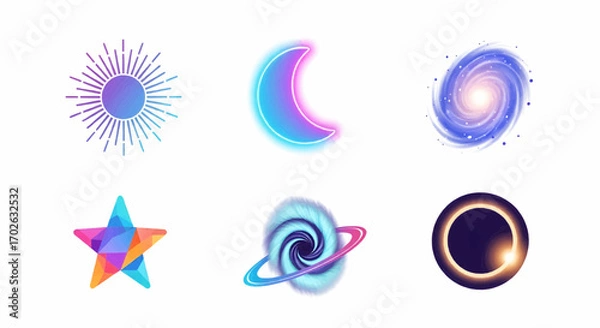Fototapeta Colorful celestial icon set including star, moon, planet, sun, and cosmic objects for astrology and space inspired design projects.
