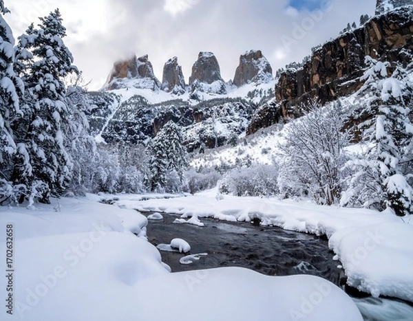 Obraz Snowy mountain river valley
