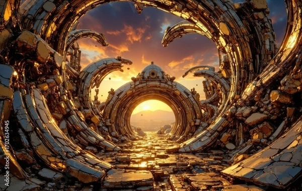 Fototapeta An ornate golden temple archway with intricate patterns under a dramatic sunset
