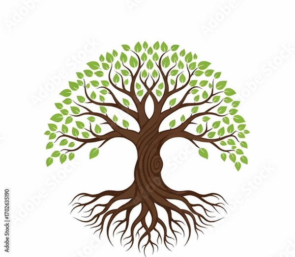 Fototapeta Detailed tree of life illustration with sprawling roots and branches symbolizing nature, growth, and balance in earthy tones.