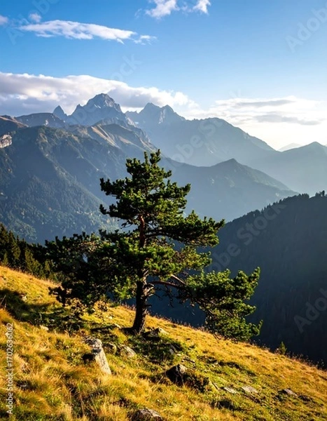 Obraz Mountain landscape with lone pine tree